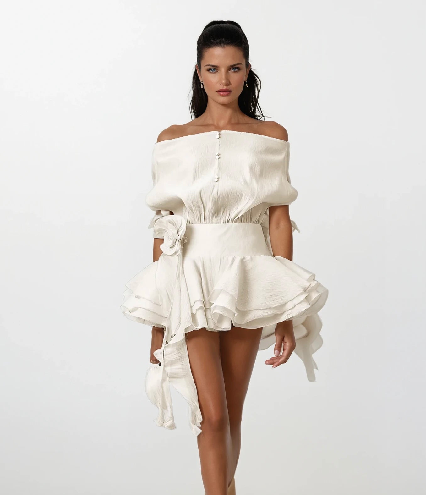 Red Whisper Off-Shoulder Mini Dress With Floral Appliqué
