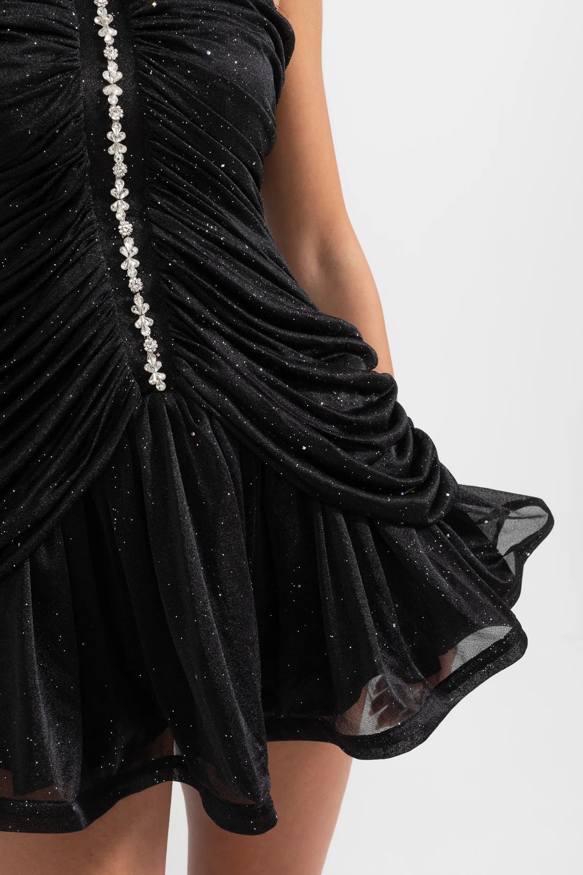 Crystal-embellished halter mini dress with ruched detailing