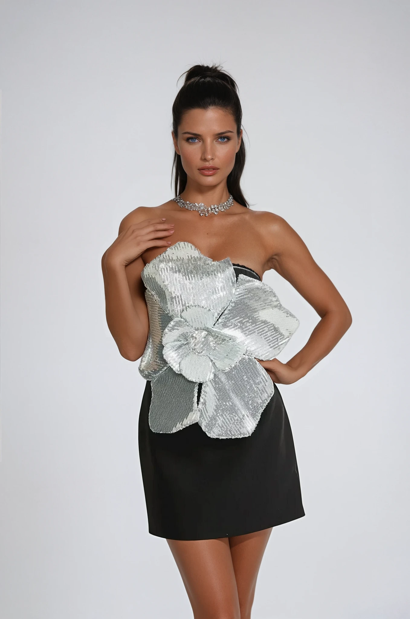 Black mini dress with silver sequin 3D flower