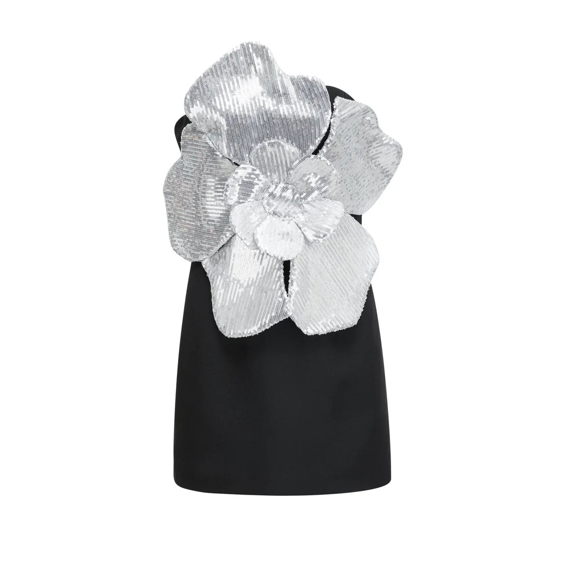 Black mini dress with silver sequin 3D flower