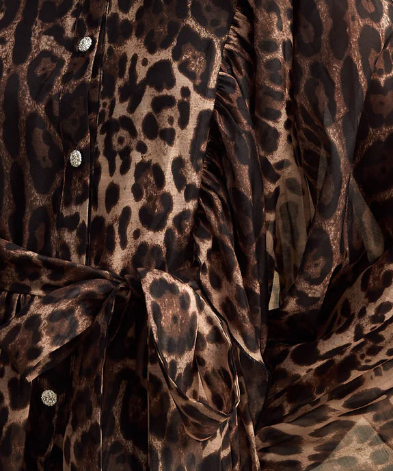 Leopard print midi dress with puff sleeves and ruffled detailing