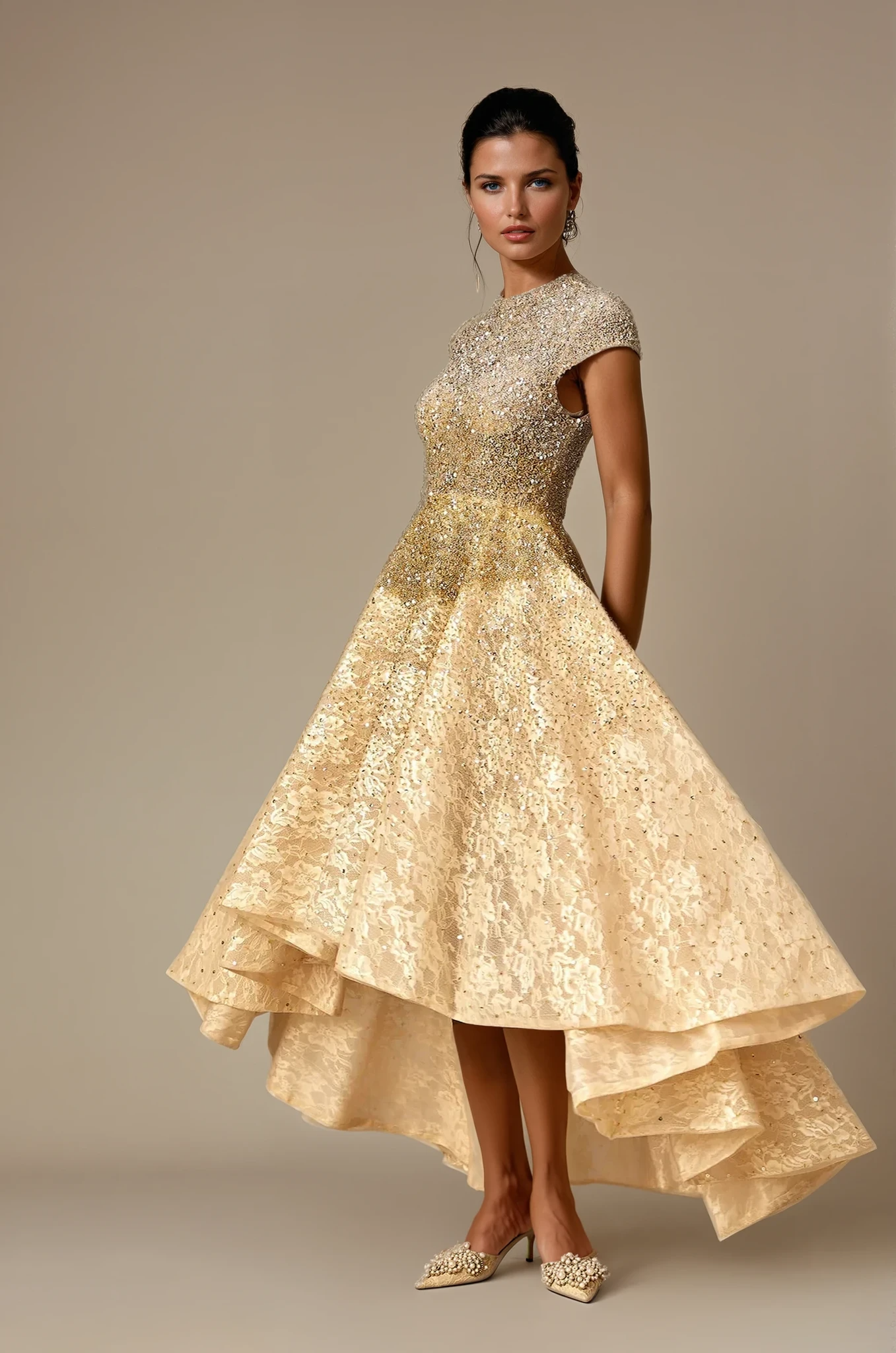 Golden sequined lace dress