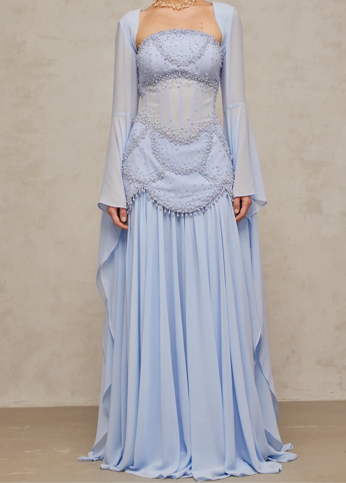 Light Blue Maxi Dress With Pearl Embellished Bodice And Draped Sleeves