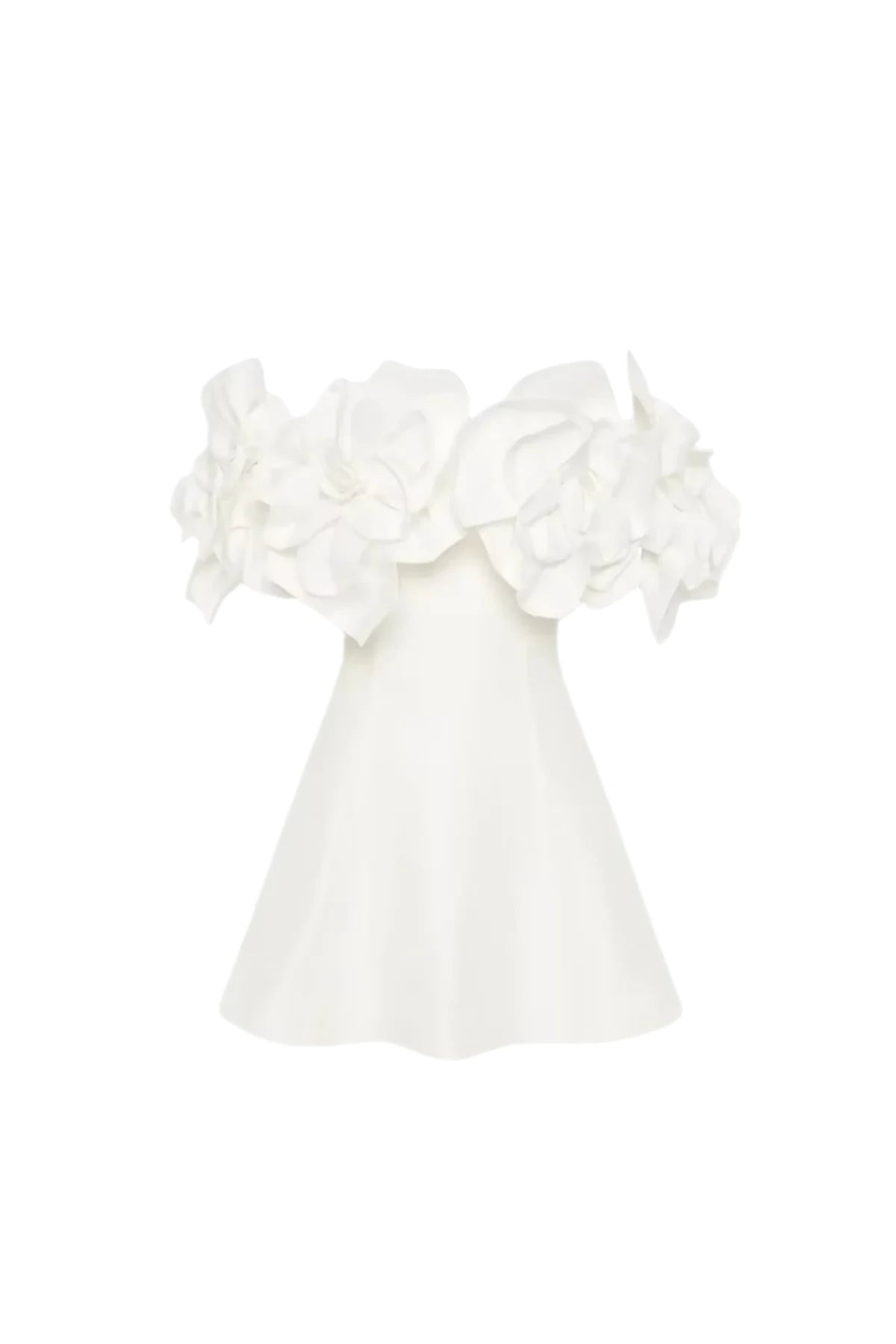 Hot White Mini Dress With 3D Floral Appliqué and Off-Shoulder Sleeves