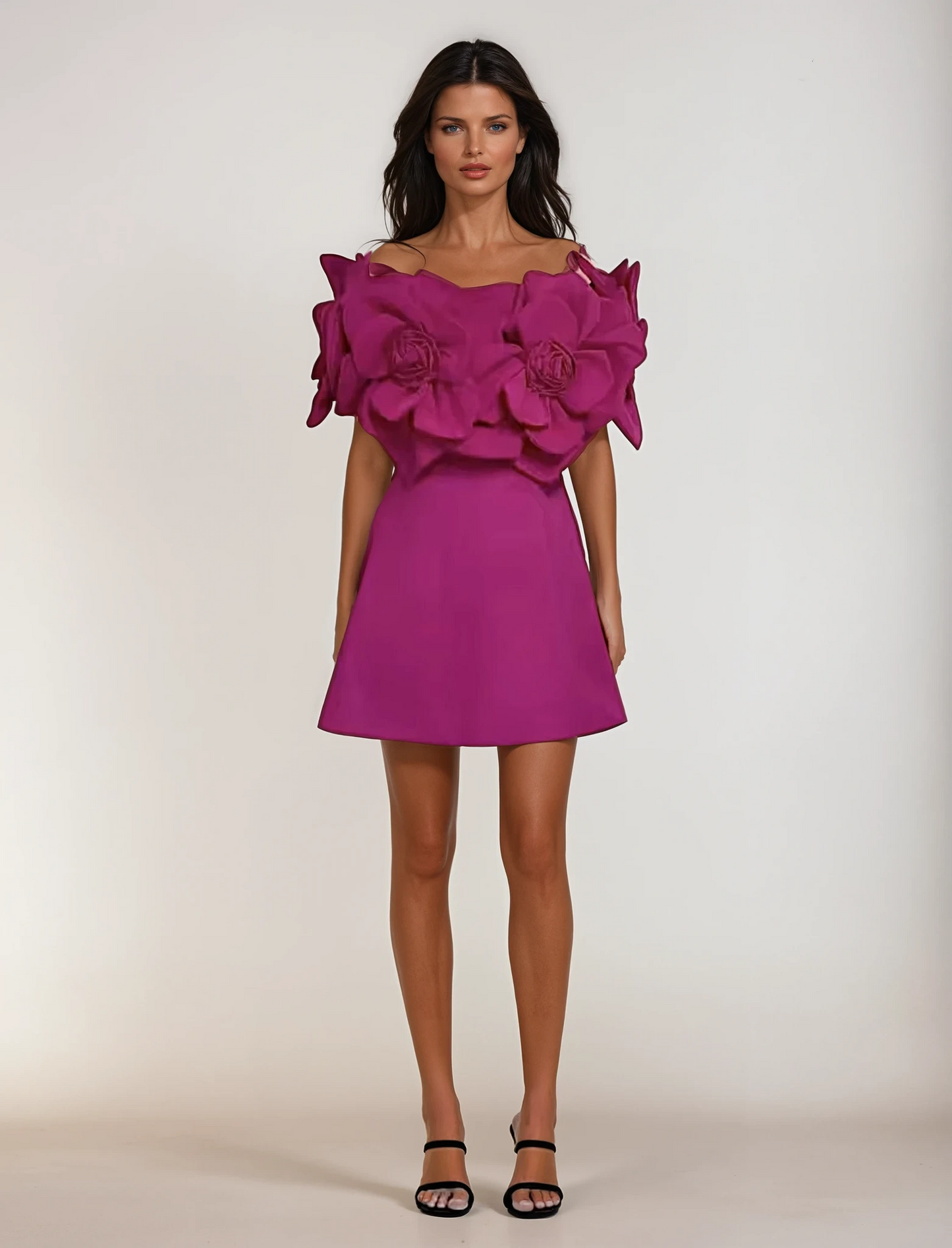 Hot Pink Long Dress With 3D Floral Appliqué and Off-Shoulder Sleeves