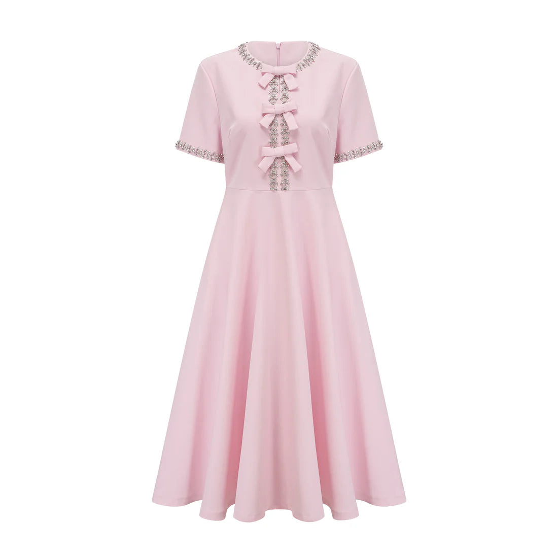 Pink Midi Dress with Bows and Crystal Embellishments