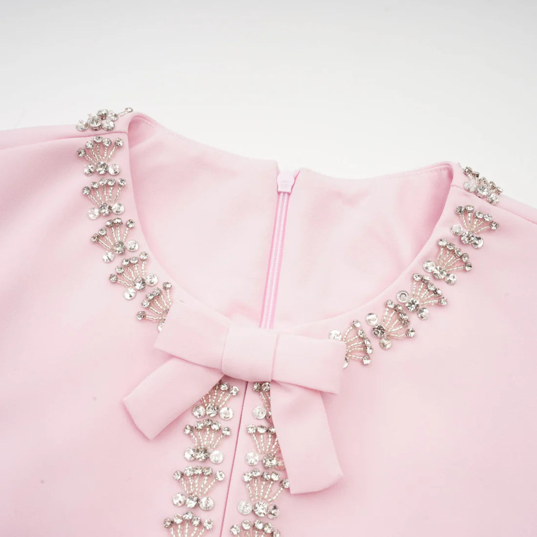 Pink Midi Dress with Bows and Crystal Embellishments
