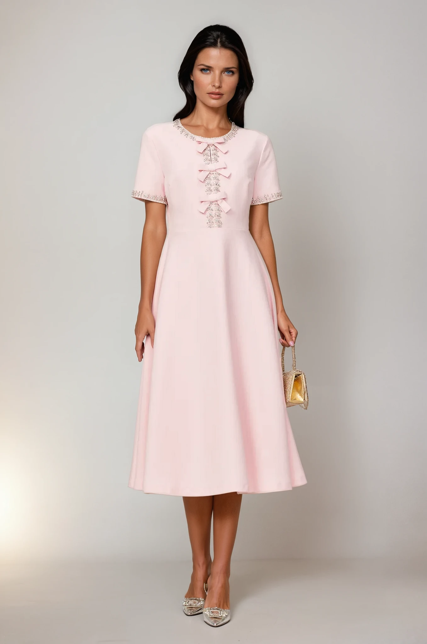 Pink Midi Dress with Bows and Crystal Embellishments