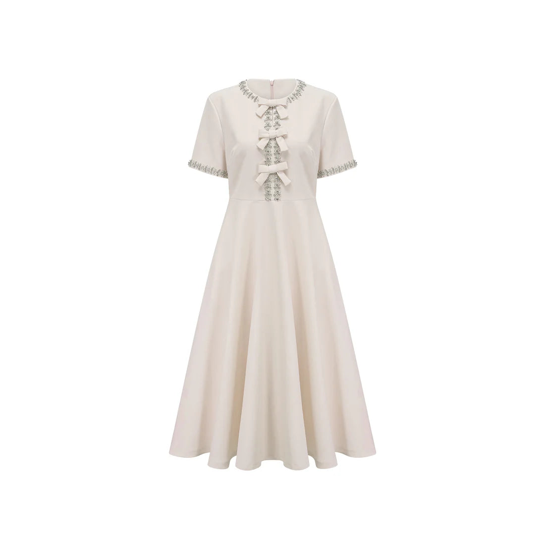 White Midi Dress with Bows and Crystal Embellishments