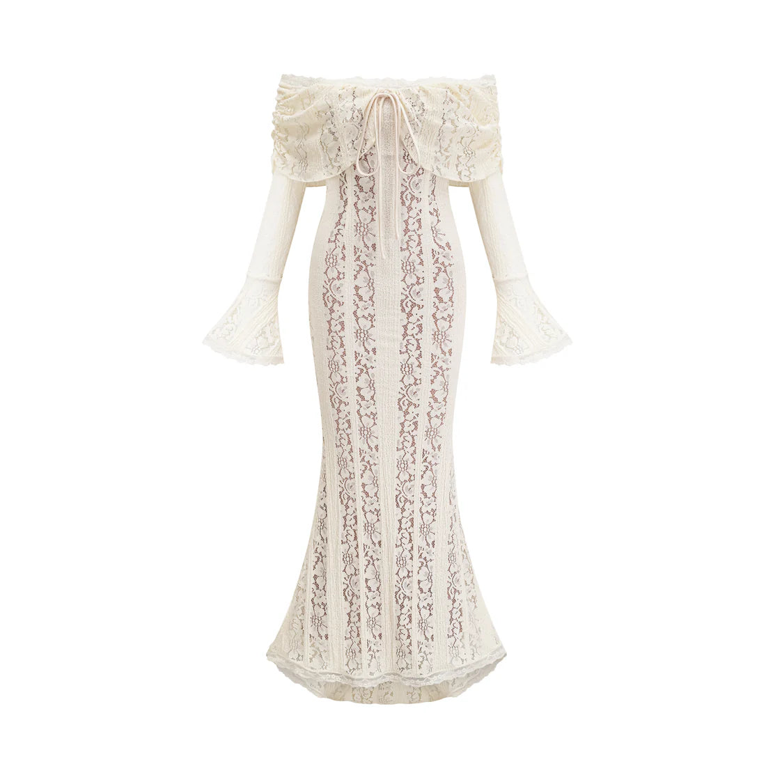 Ivoire Off-Shoulder Lace Gown with Sleeves