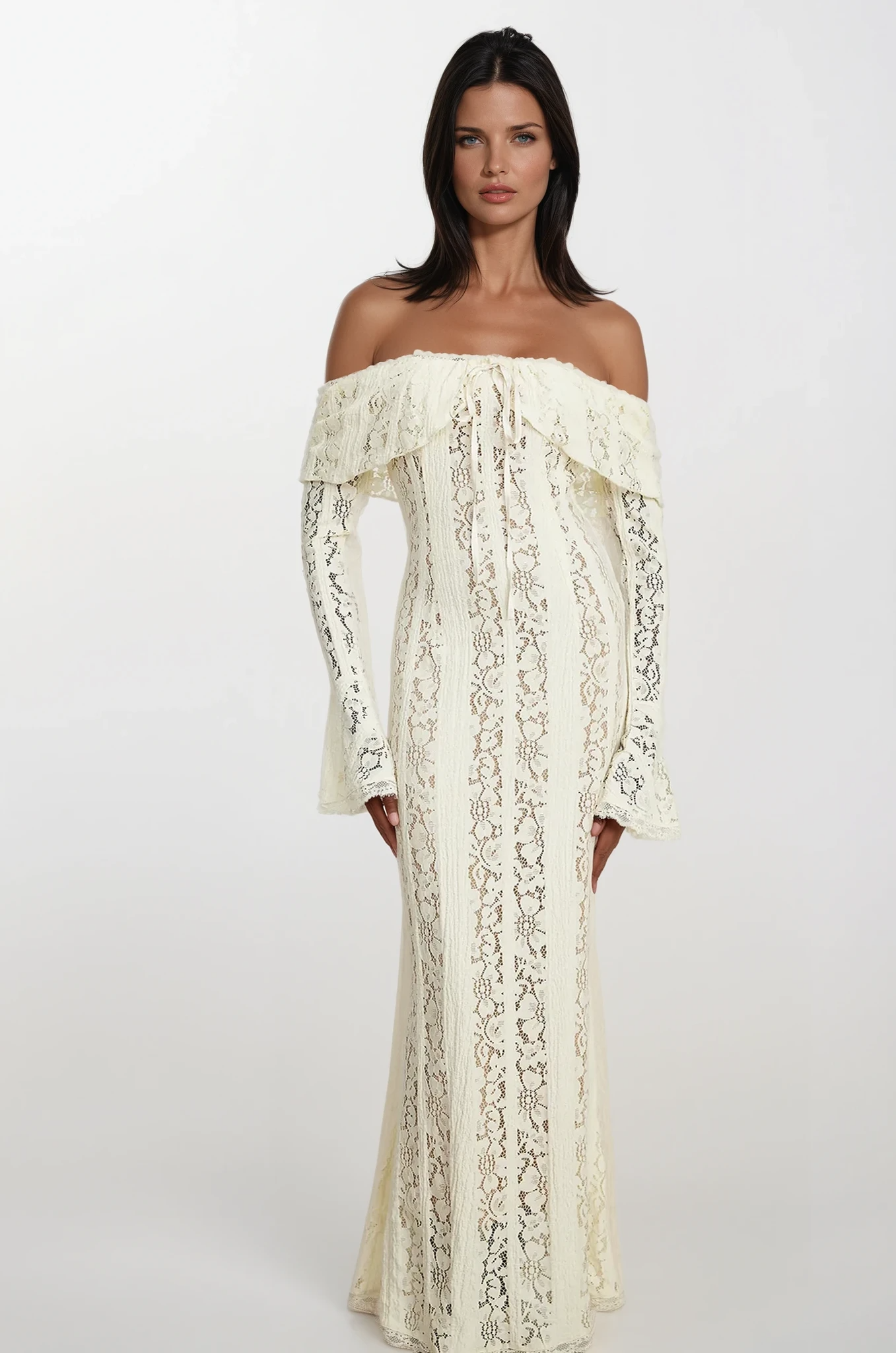 Ivoire Off-Shoulder Lace Gown with Sleeves