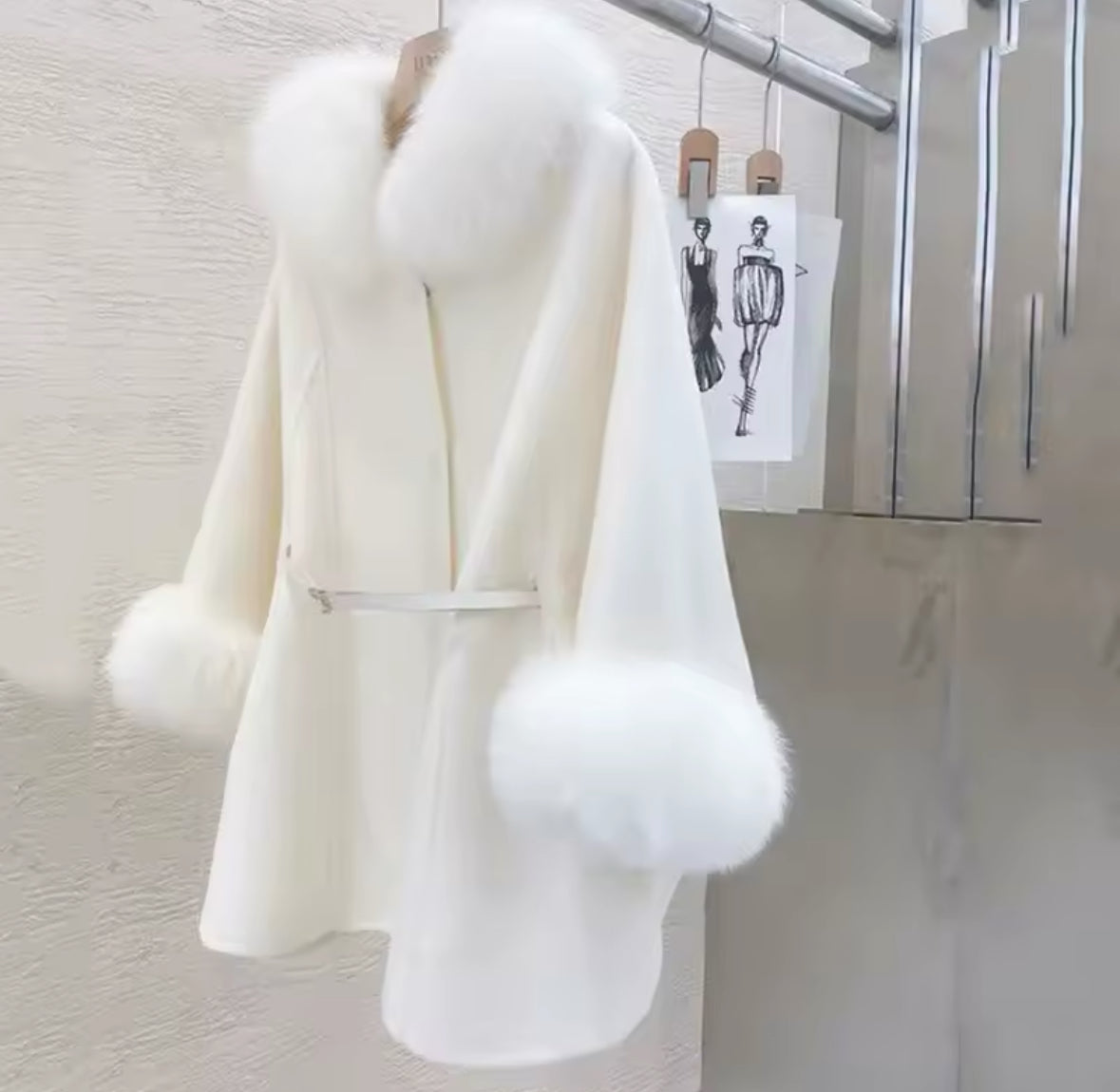 Chloe cashmere wool cape coat with fur and belt