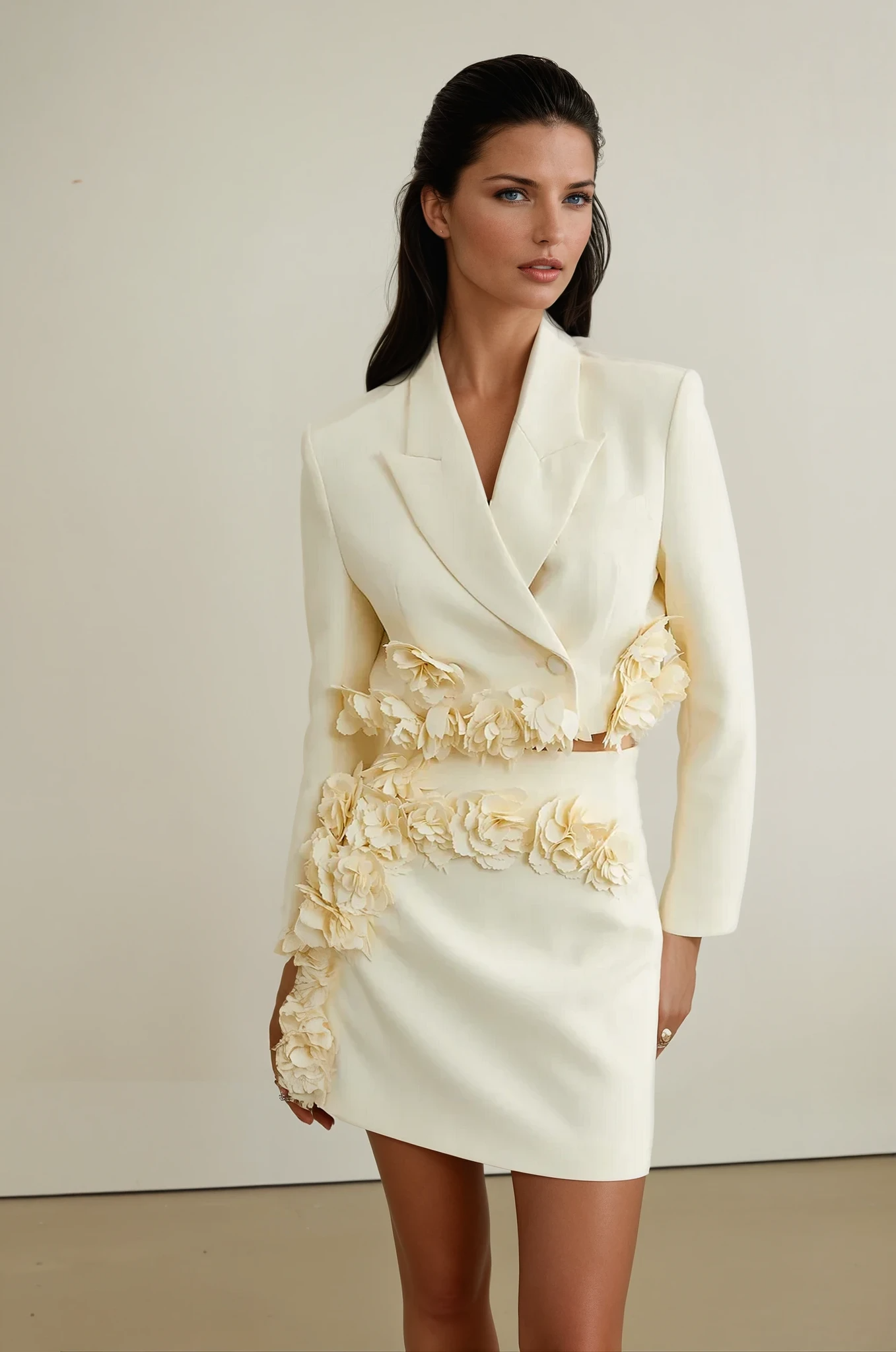Ivory floral-appliqué blazer & skirt set
