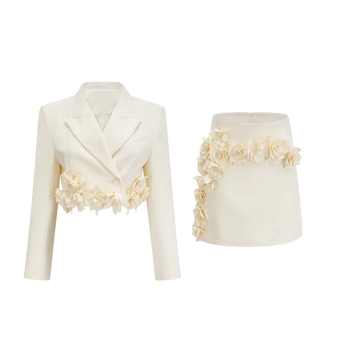 Ivory floral-appliqué blazer & skirt set