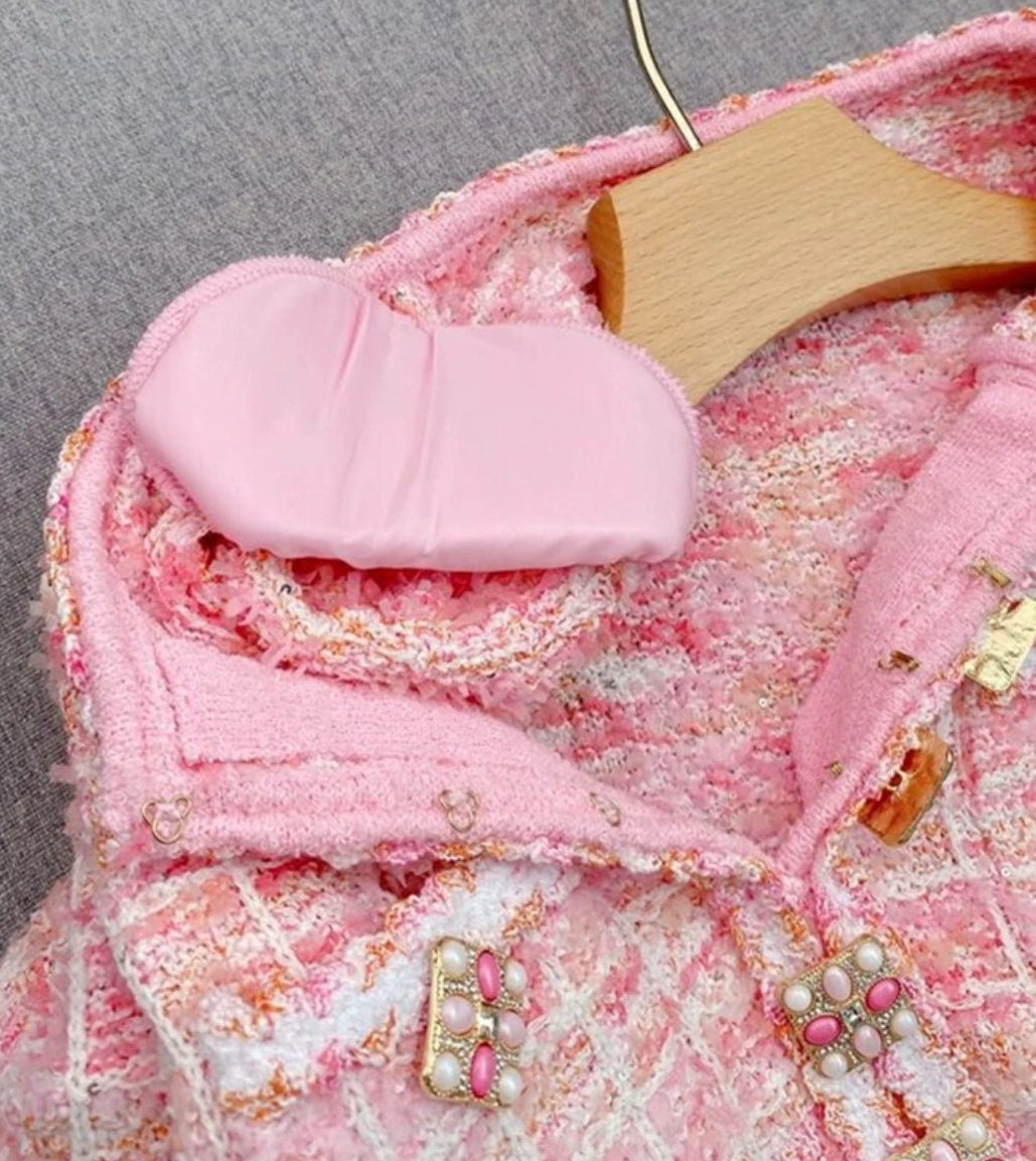 Pink tweed mini dress with embellished buttons