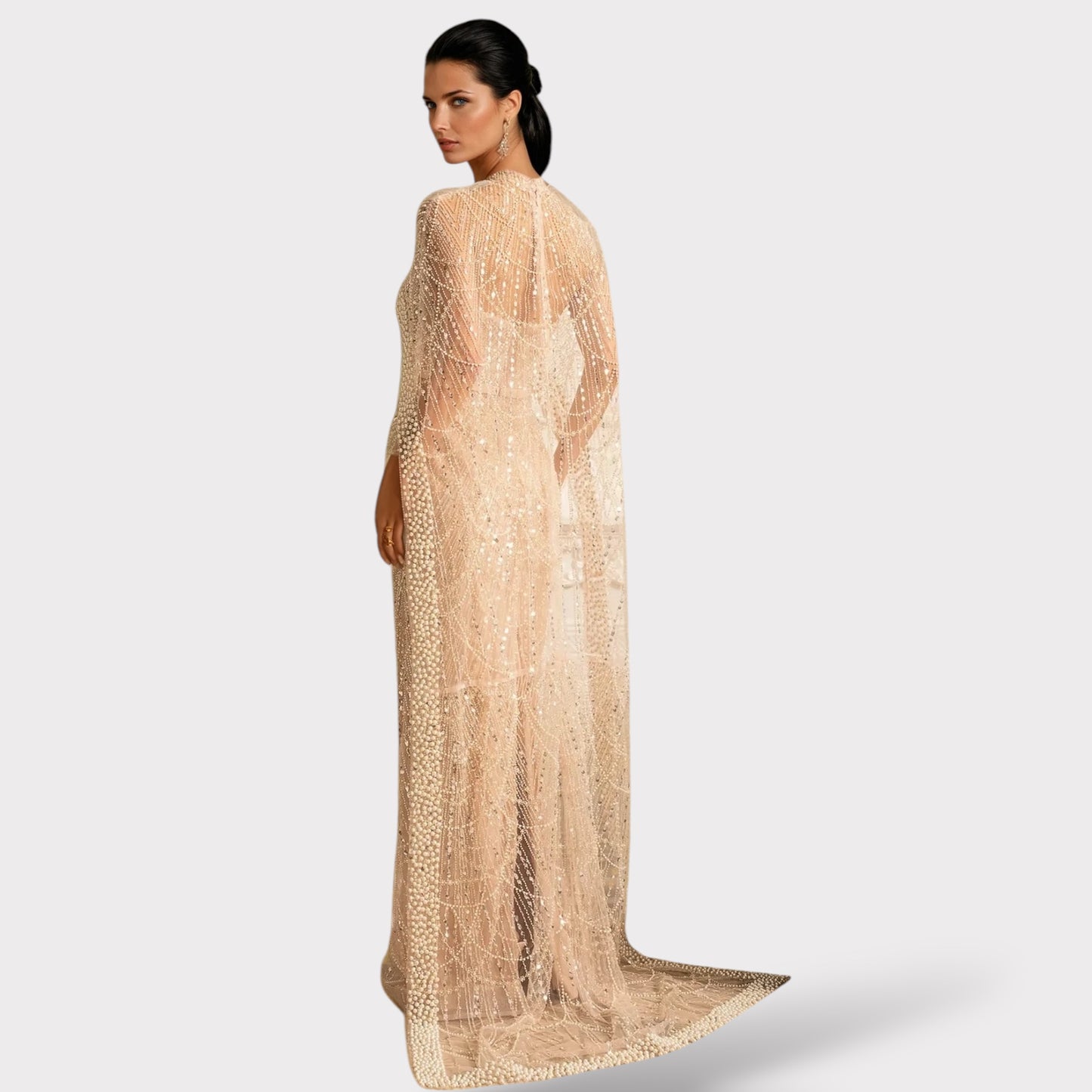 Regal beaded gown beige dress with detachable cape