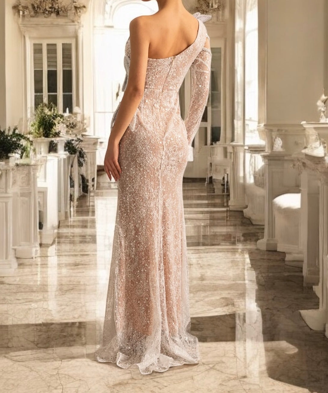 Ethereal sheer gown with 3D floral pearl detailing - nude