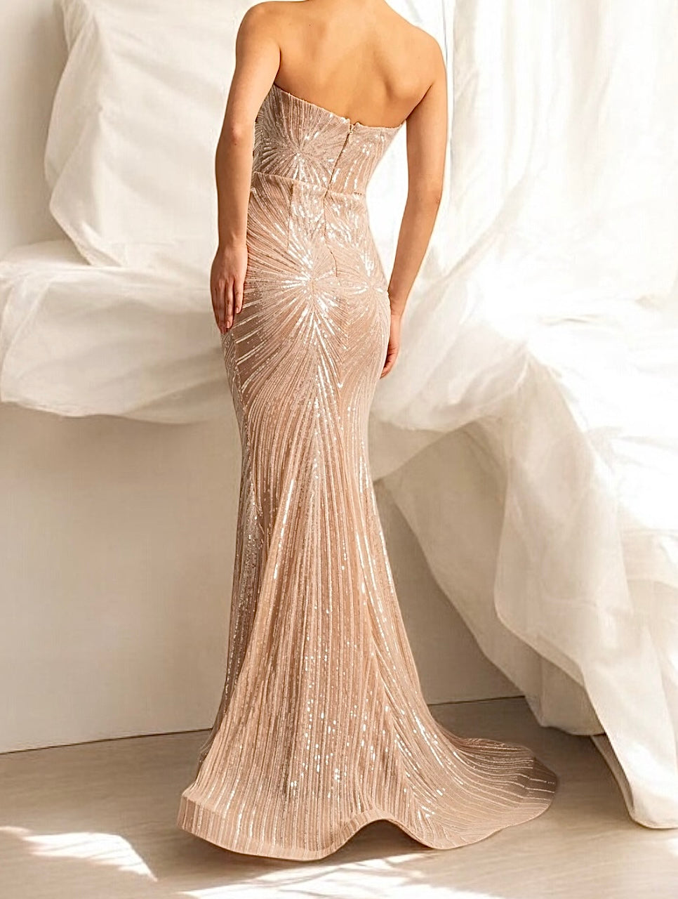 Luxurious strapless gown dress with radiant crystal details - champagne beige