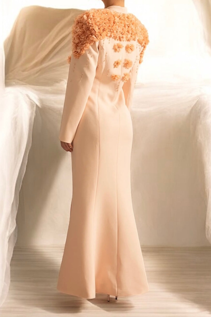 Long blazer dress with 3D floral appliqués-Peach
