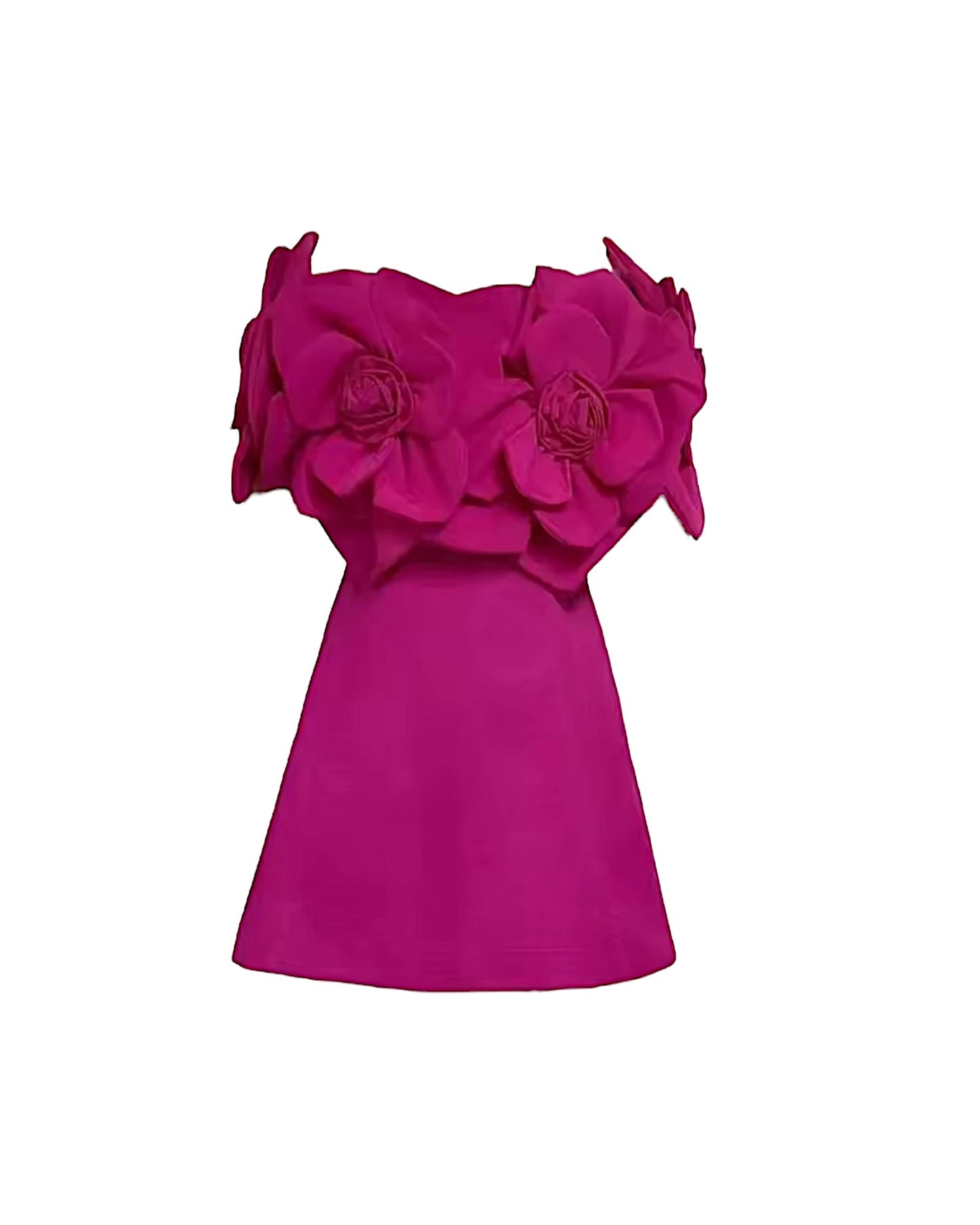 Hot Pink Long Dress With 3D Floral Appliqué and Off-Shoulder Sleeves