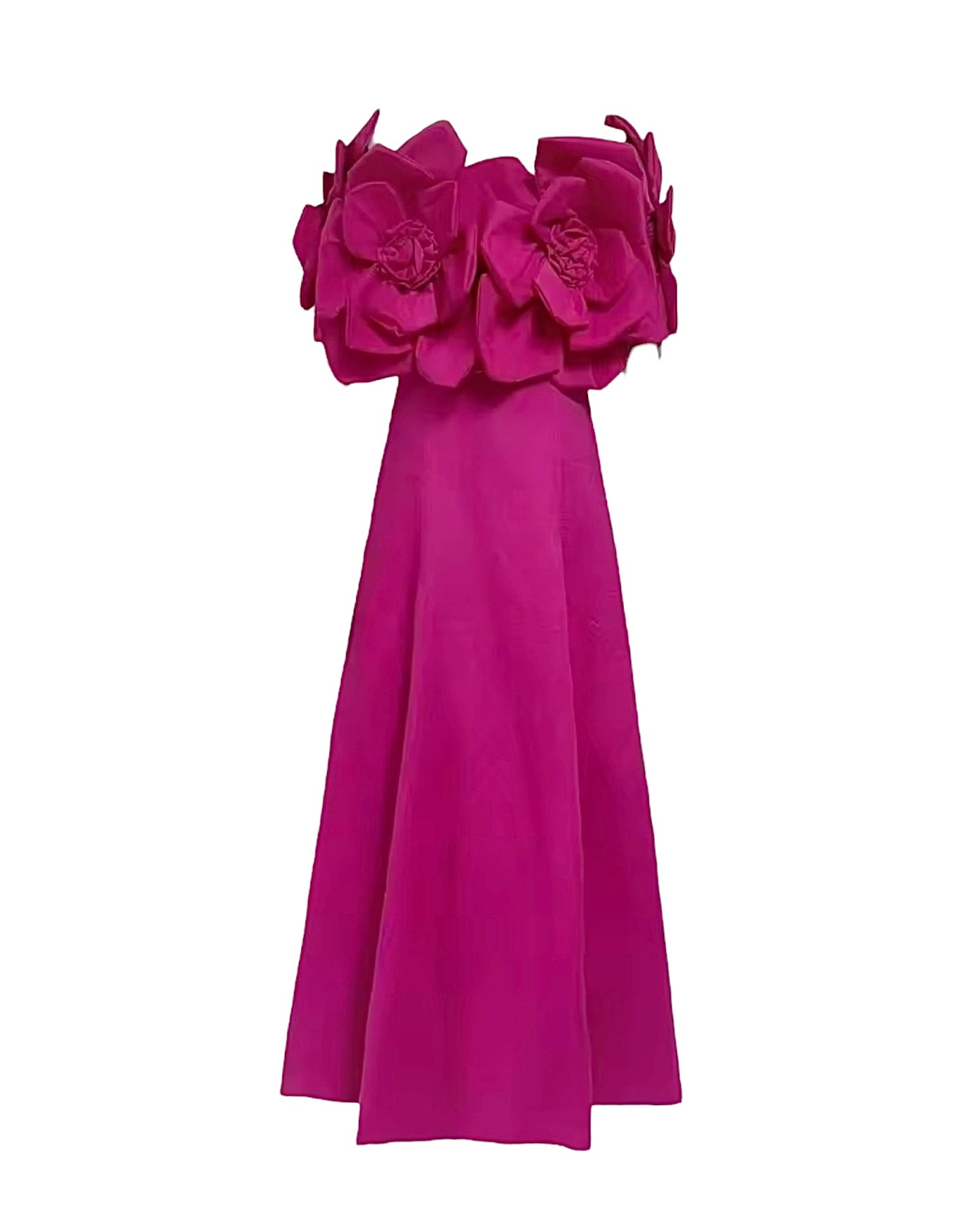 Hot Pink Long Dress With 3D Floral Appliqué and Off-Shoulder Sleeves