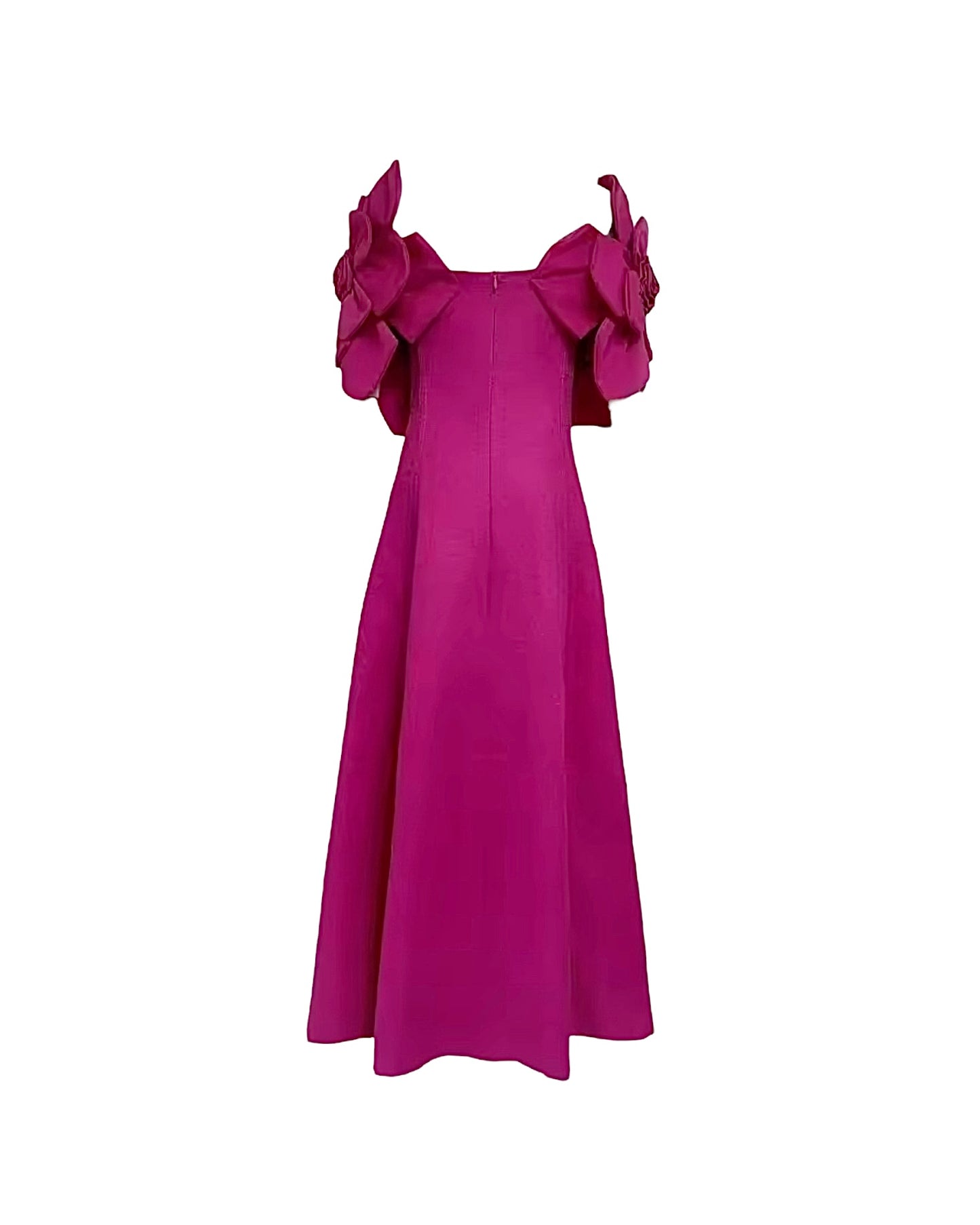 Hot Pink Long Dress With 3D Floral Appliqué and Off-Shoulder Sleeves