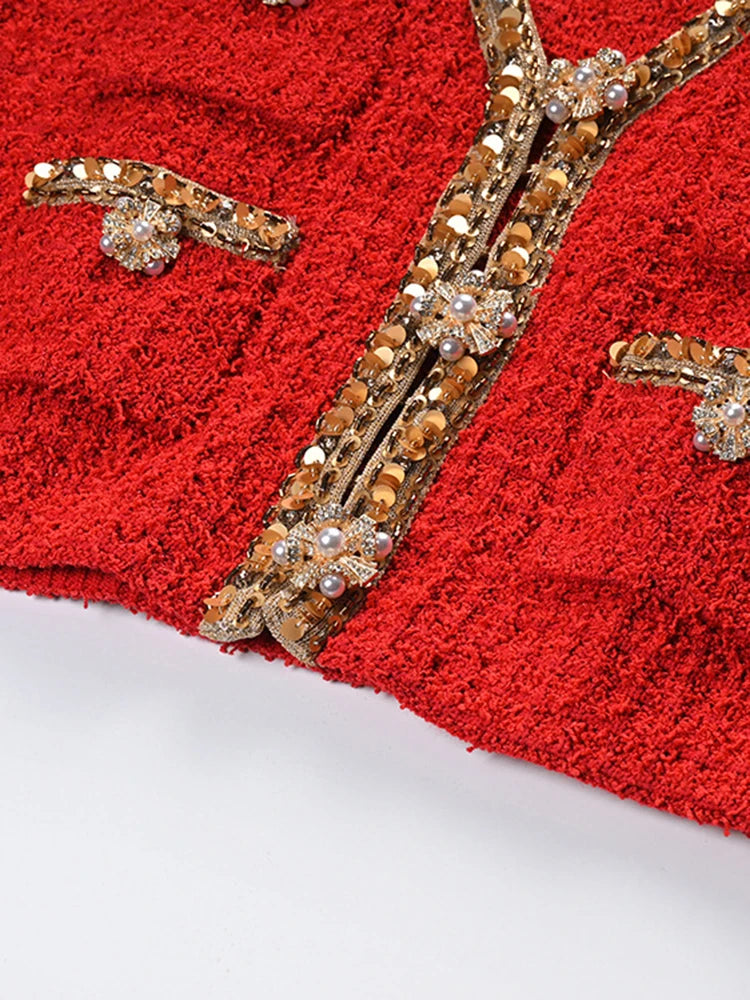 Red embellished knit cardigan & skirt set