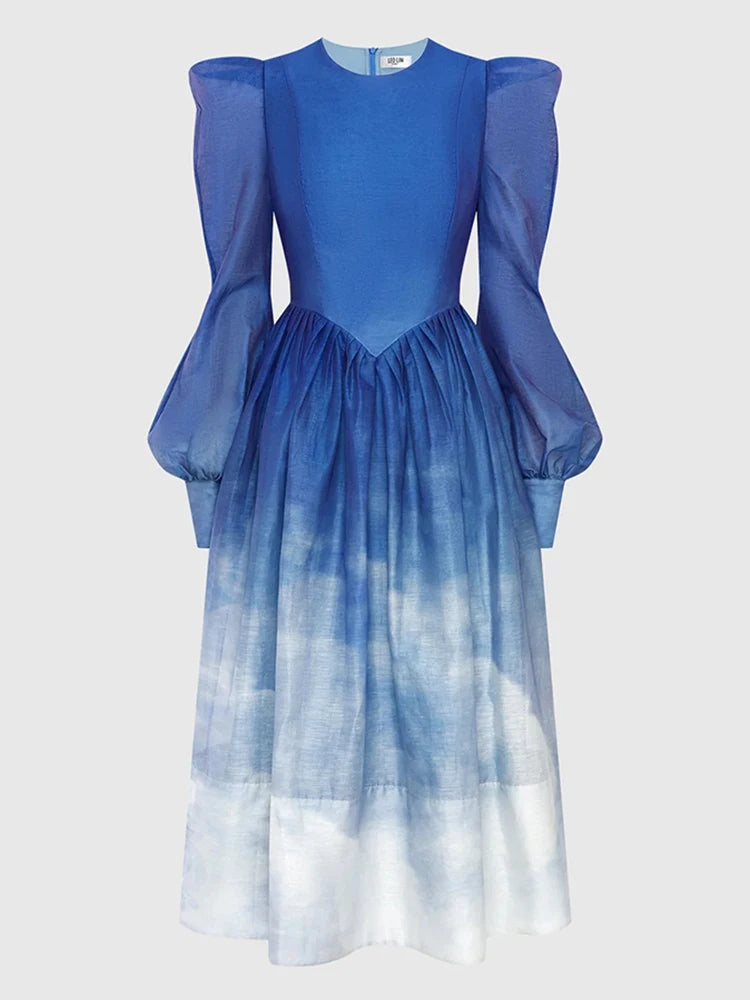 Blue ombre cloud print midi dress with puff sleeves