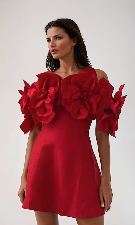 Elegant off-Shoulder red dress with 3D floral details