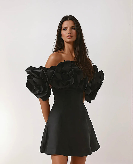 Elegant off-Shoulder black dress with 3D floral details