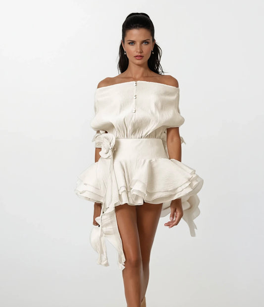 White Whisper Off-Shoulder Mini Dress With Floral Appliqué