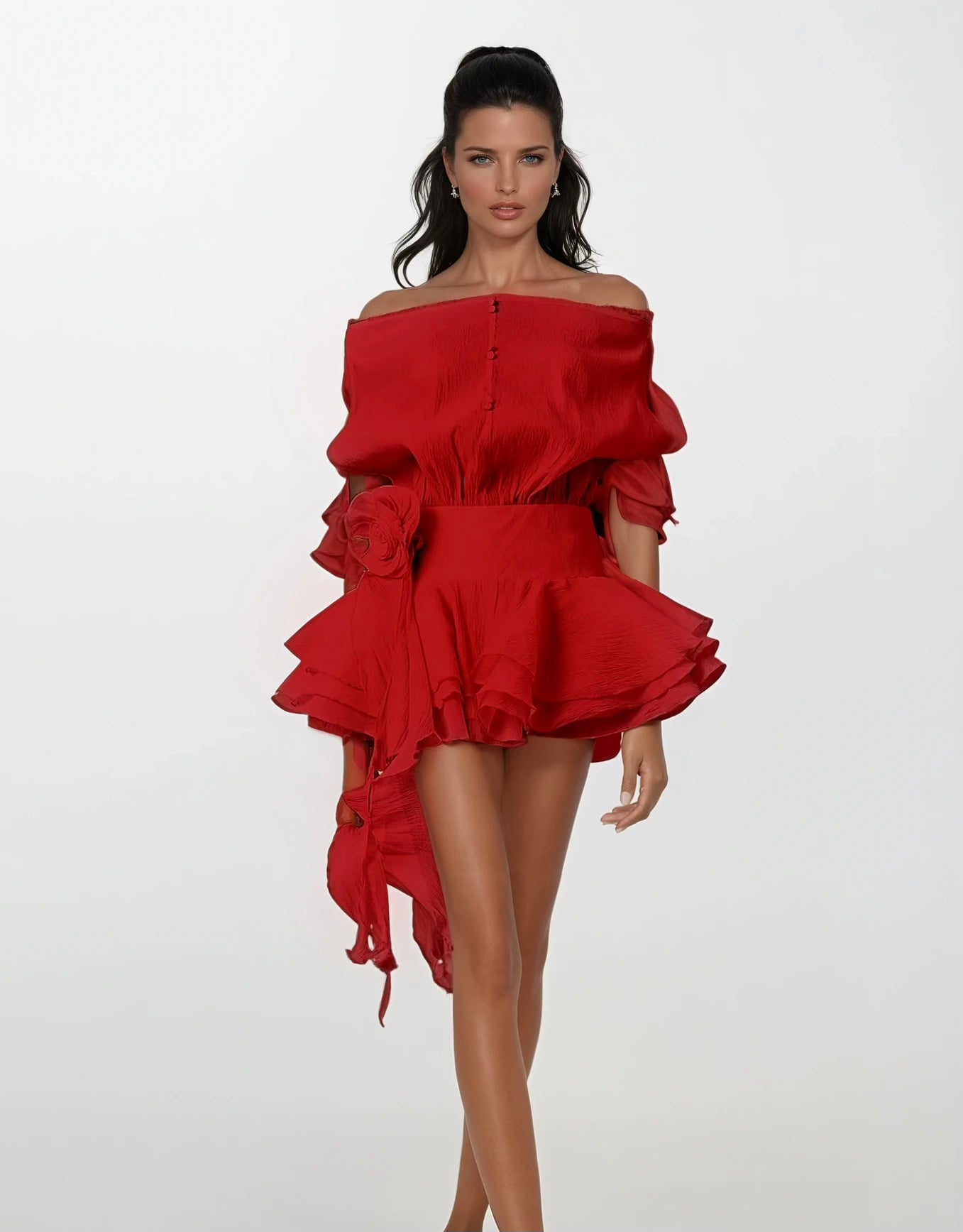 Red Whisper Off-Shoulder Mini Dress With Floral Appliqué