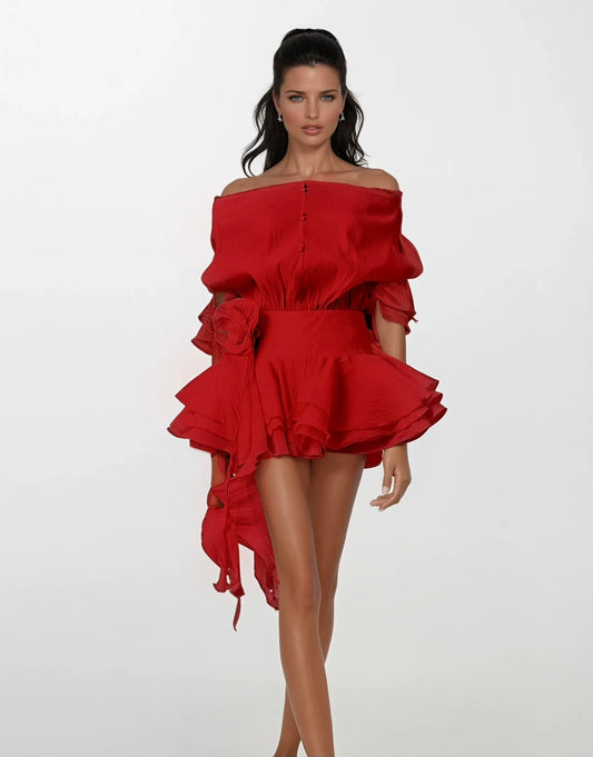 Red Whisper Off-Shoulder Mini Dress With Floral Appliqué