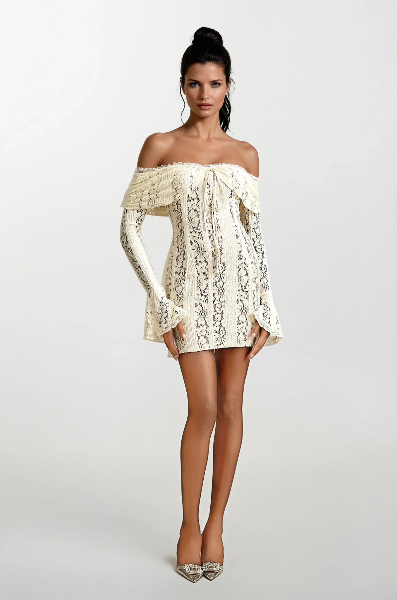 Ivory Off-Shoulder Lace Gown with Sleeves