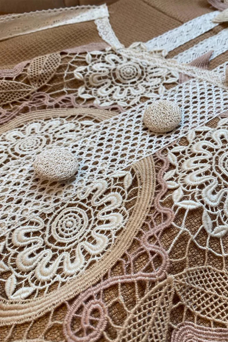 Brown and beige lace detail knee-length dress