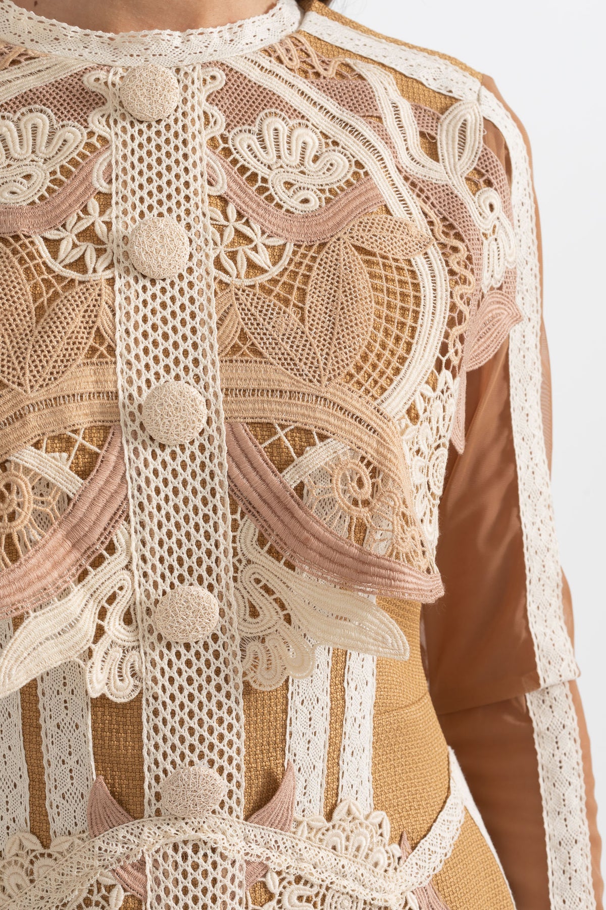 Brown and beige lace detail knee-length dress