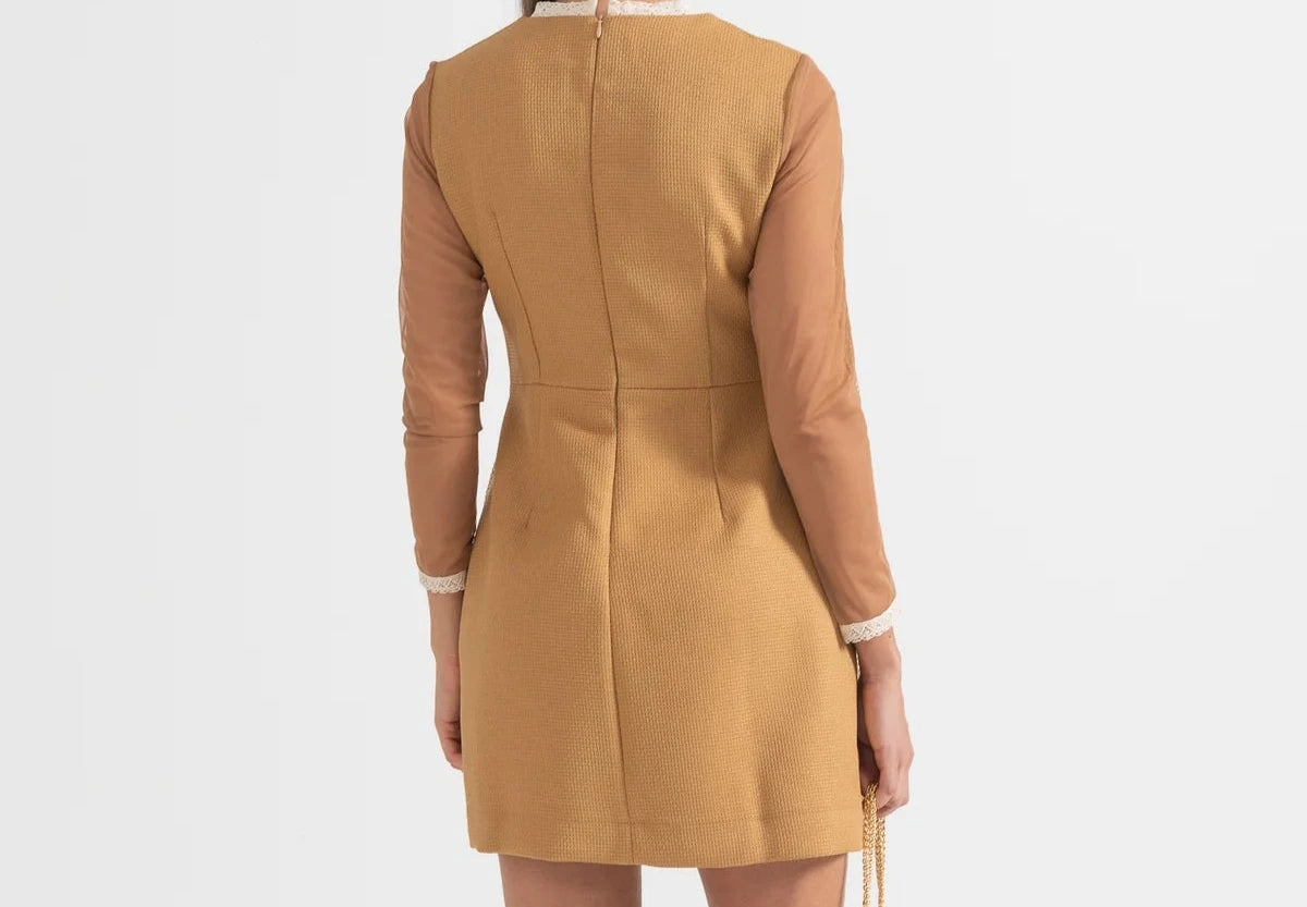 Brown and beige lace detail knee-length dress