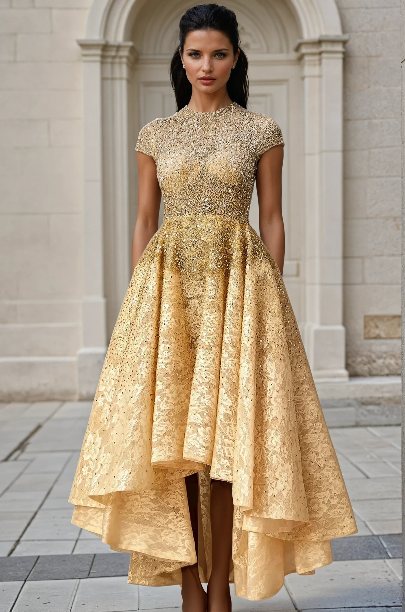 Golden sequined lace dress