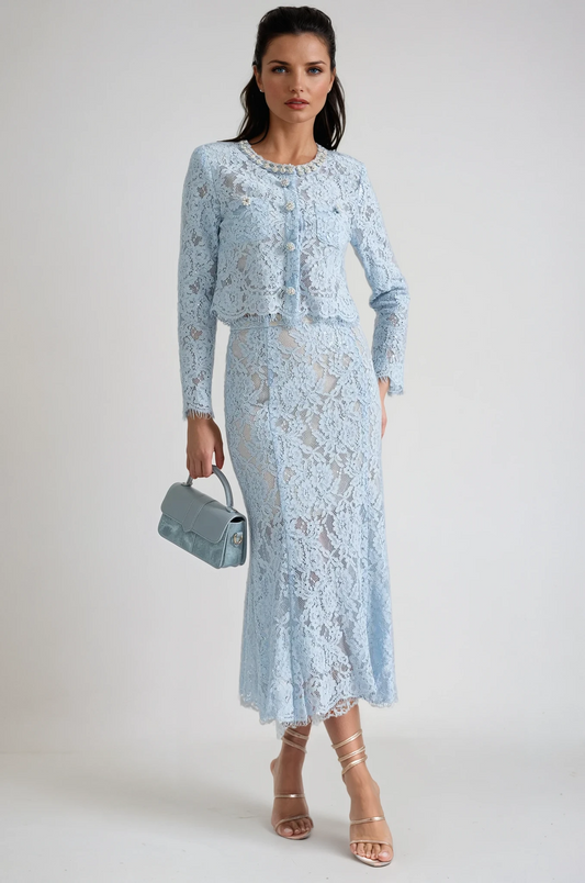Blue lace co-ord set with sparkling neckline embellishments and midi skirt