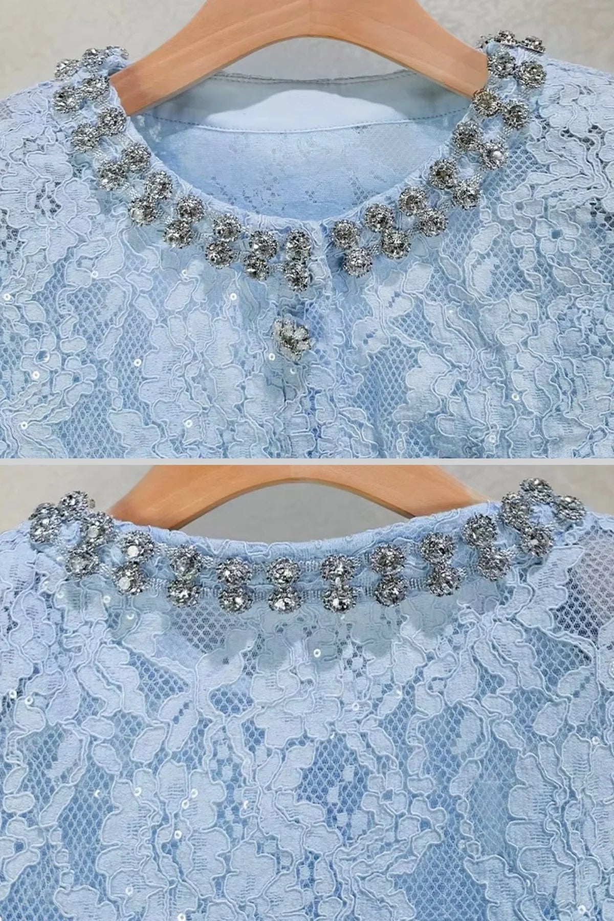 Blue lace co-ord set with sparkling neckline embellishments and midi skirt