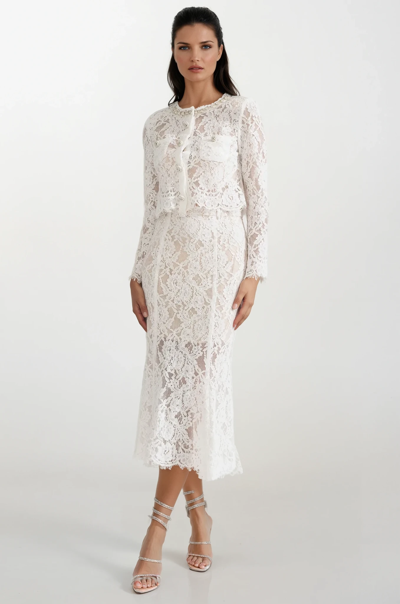 Blue lace co-ord set with sparkling neckline embellishments and midi skirt