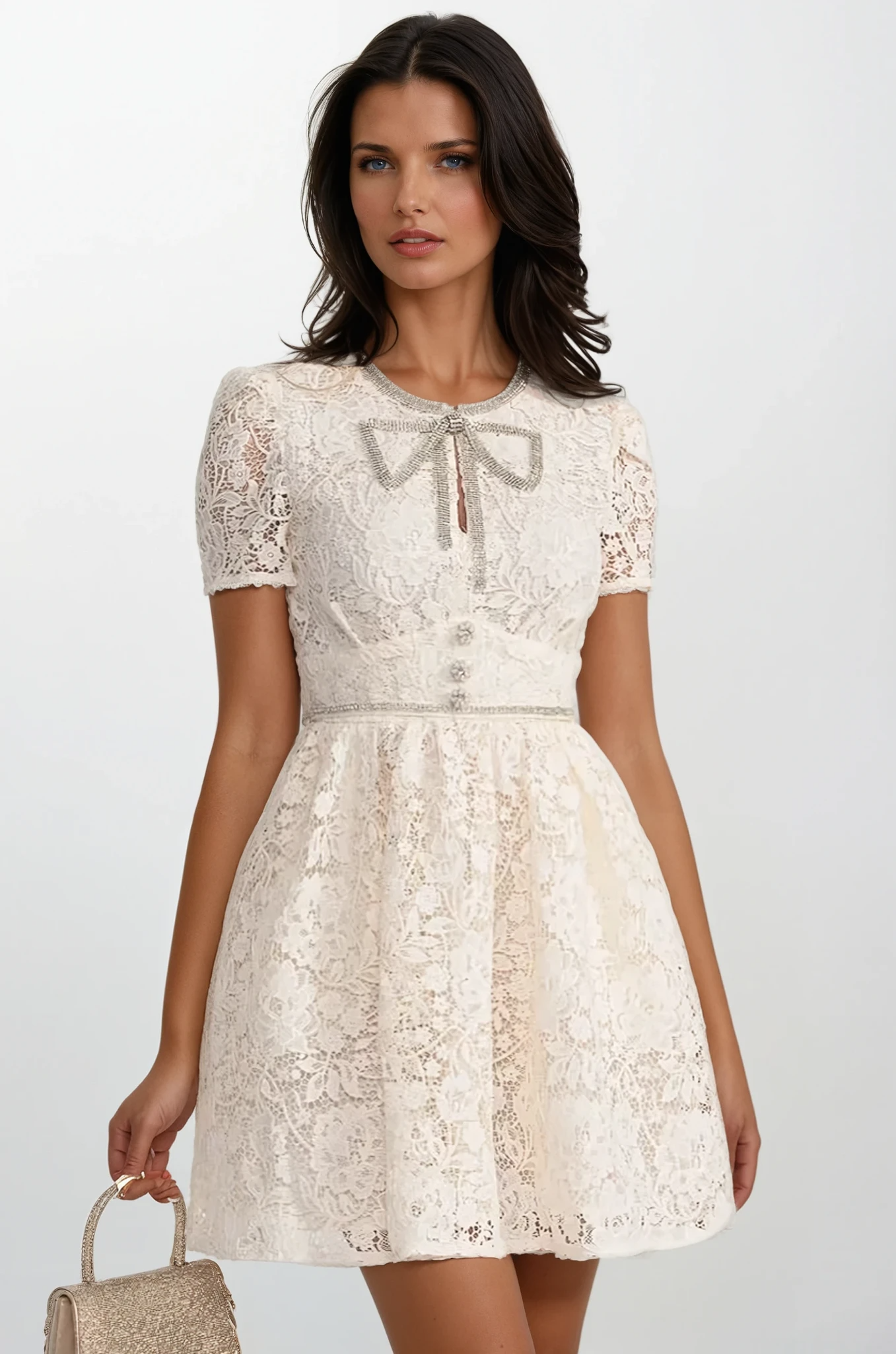 Ivoire Short Sleeved Lace Dress With Rounded Neckline And Decorative Bow