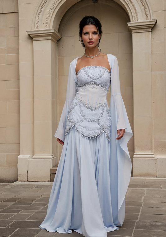 Light Blue Maxi Dress With Pearl Embellished Bodice And Draped Sleeves