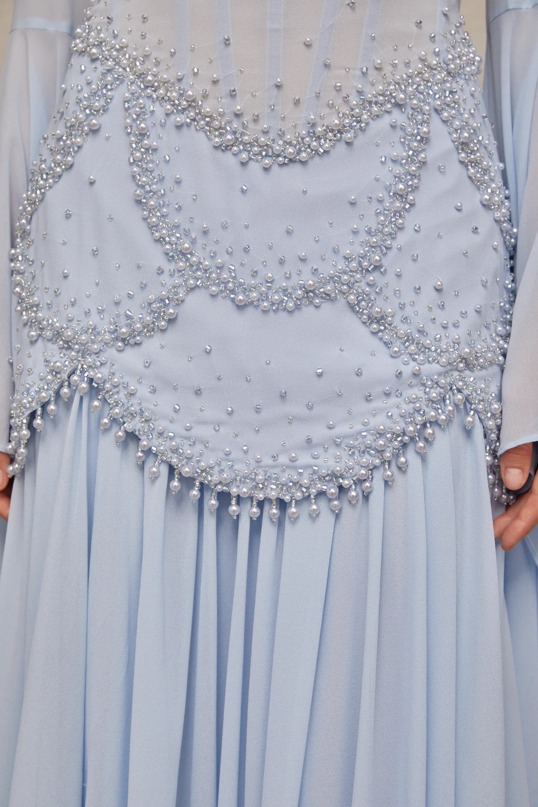 Light Blue Maxi Dress With Pearl Embellished Bodice And Draped Sleeves