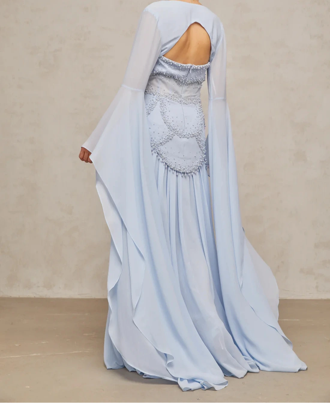 Light Blue Maxi Dress With Pearl Embellished Bodice And Draped Sleeves