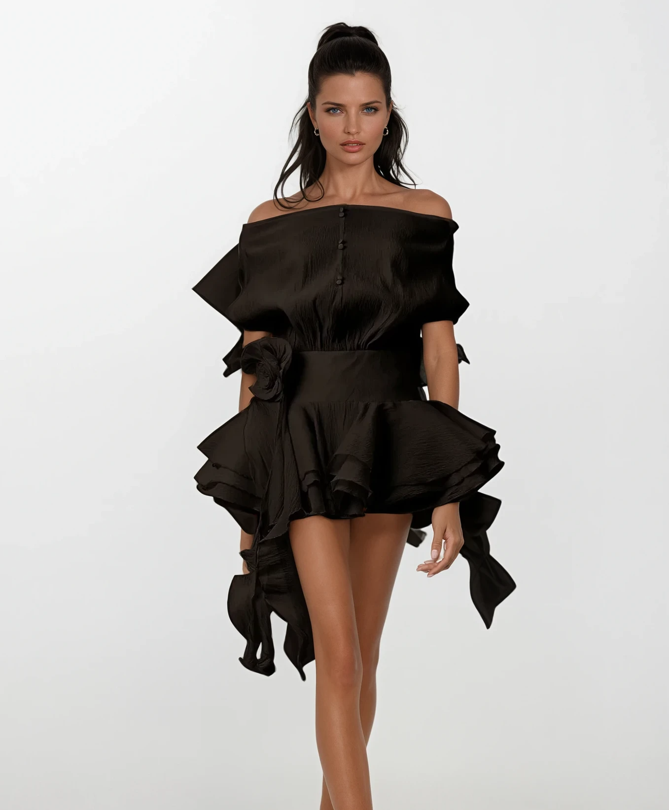 Red Whisper Off-Shoulder Mini Dress With Floral Appliqué