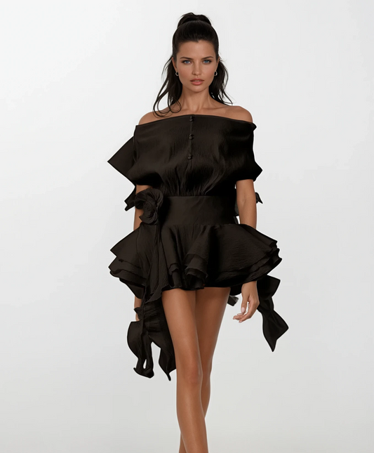 Black Whisper Off-Shoulder Mini Dress With Floral Appliqué