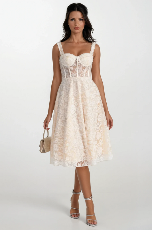 Ethereal Lace Midi Dress With Sheer Bodice