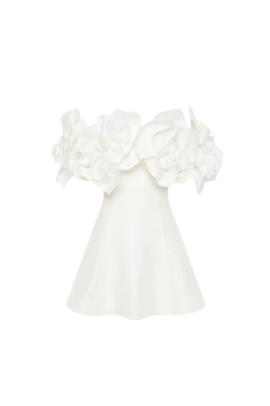 Hot White Mini Dress With 3D Floral Appliqué and Off-Shoulder Sleeves