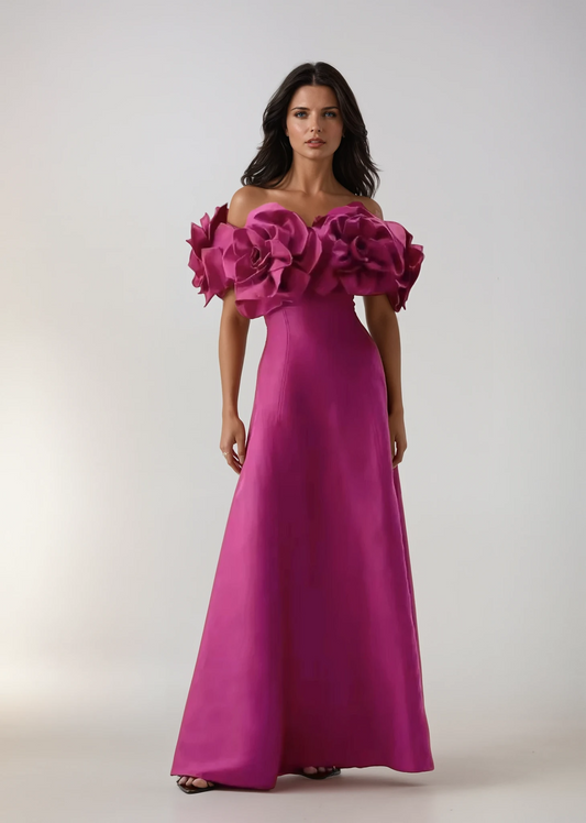 Hot Pink Long Dress With 3D Floral Appliqué and Off-Shoulder Sleeves
